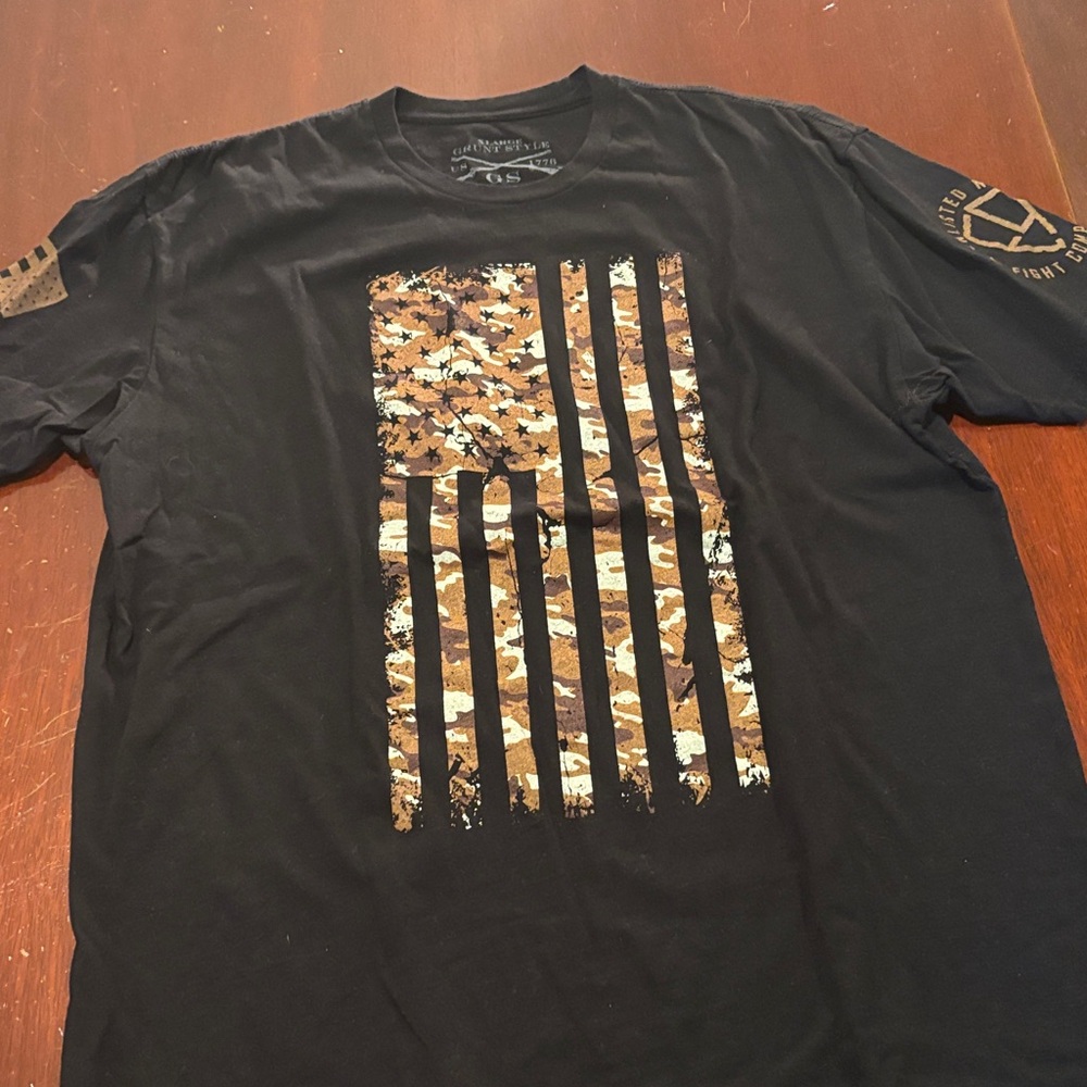 Grunt Style Black Tee with Camo Flag Design